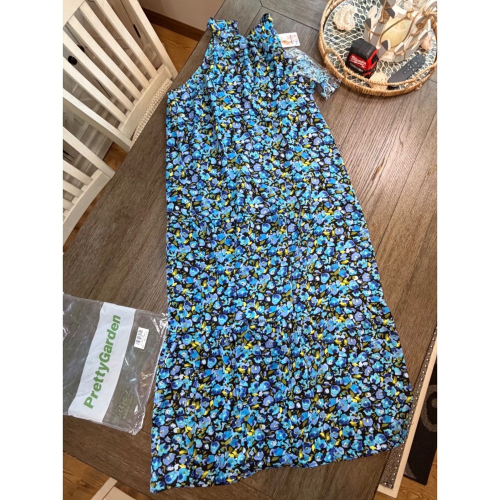 PrettyGarden‎ Womens Floral Halter Neck Tiered Maxi Dress Blue XL NWT